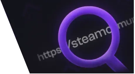imagem de fundo com uma lupa procurando em steamcommunity.com